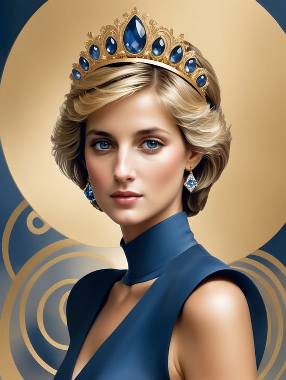 image of young princess diana of wales in the style of sophisticated surrealism. Light gold, fawn, blue and dark blue. Incorporate subtle, celestial design elements. modern and stylish feel