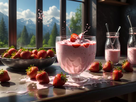 strawberry yogurt splash in glass on table in kitchen with big window on sunny day