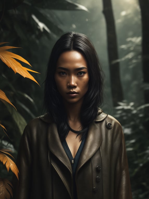 Indonesia, young woman in jungle, scifi, rainy, autumn, dark details