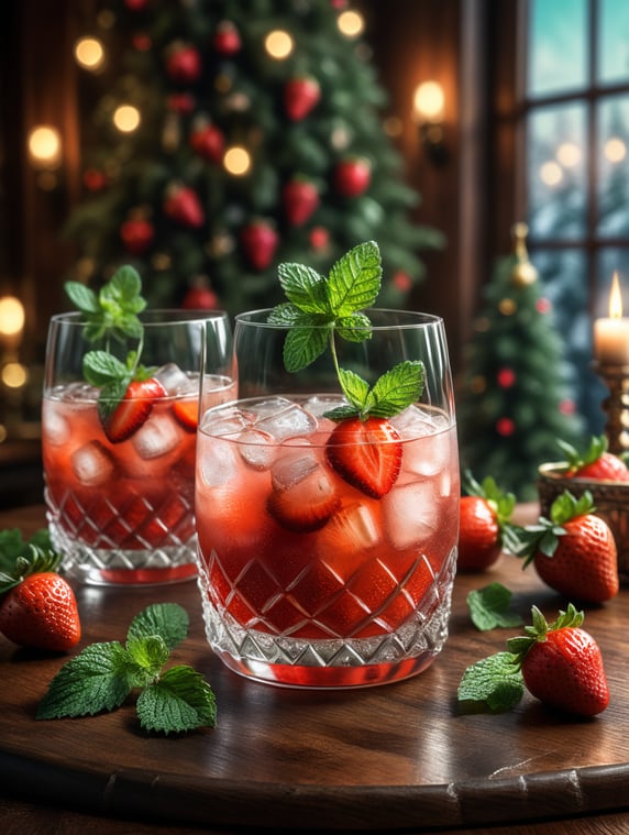 Highball wood very blurry Christmas garnish strawberries and mint