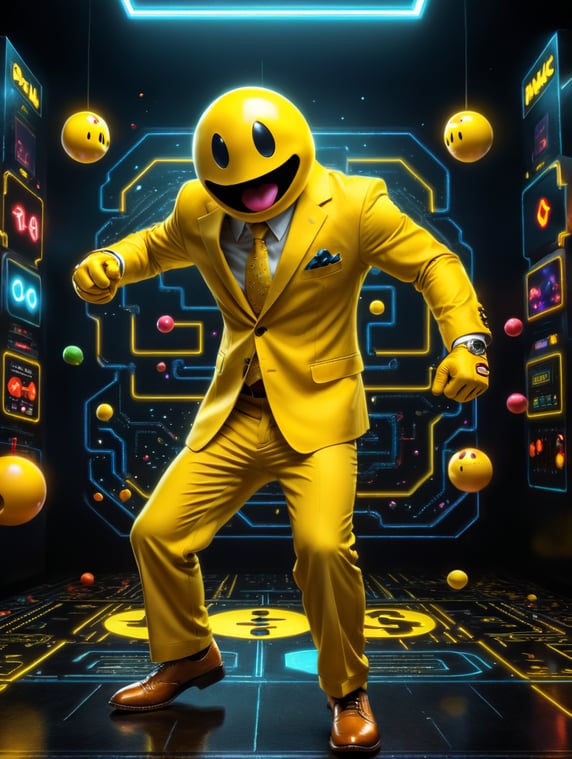 create a picture with the main character of the video game PAC-MAN, he dances and sings in a yellow suit.
