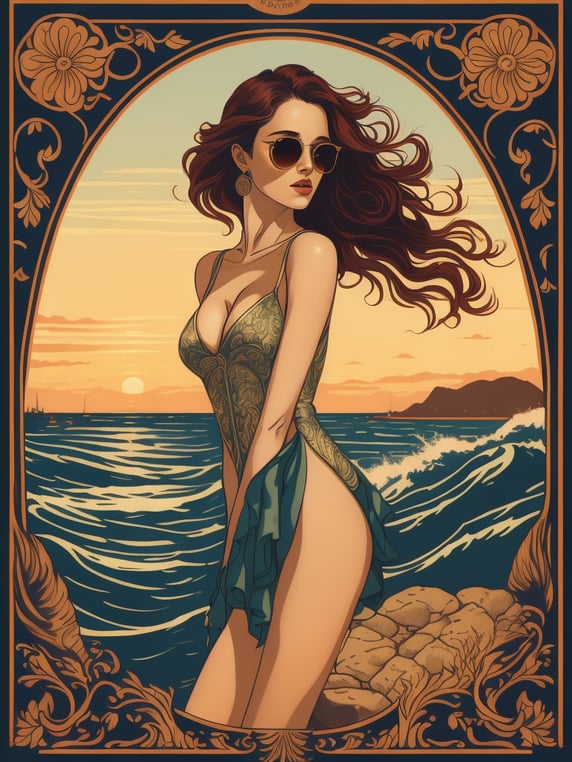 beautiful vintage commercial illustration of brunette woman in swimsuit lying in a towel at a beach near the ocean in a rock, costal trees, waves and rocks, sunglasses and scarf, hippy, in the style of art nouveau, alphose mucha style, art nouveau frame stencil in the back, vintage, 60s, 4k, summer golden light, orange pearl and aqua vibe, highly detailed, romantic, cinematic, colourful and bright, pin up style advertisement, painted illustration