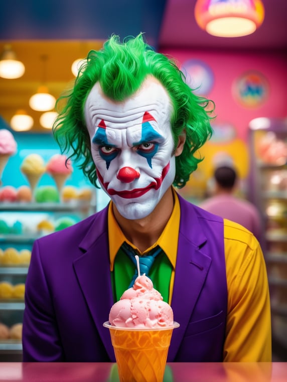 A portrait of the sad joker looking sad in an ice cream shop, in the style of a cartoon, bright and saturated colors, depth of field