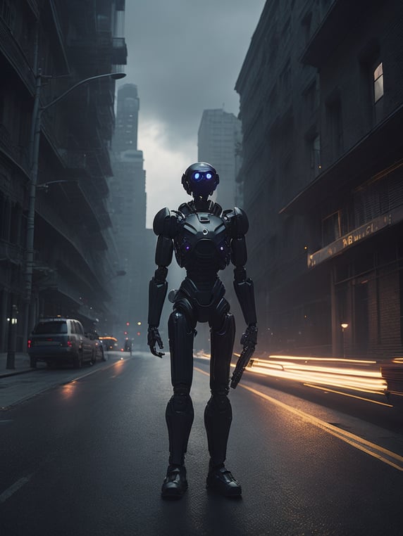Darkish environment, a road dividing two things, at left there is future and innovation., at right there are robots ruling the humans . a black shadow man is standing at the start of the road