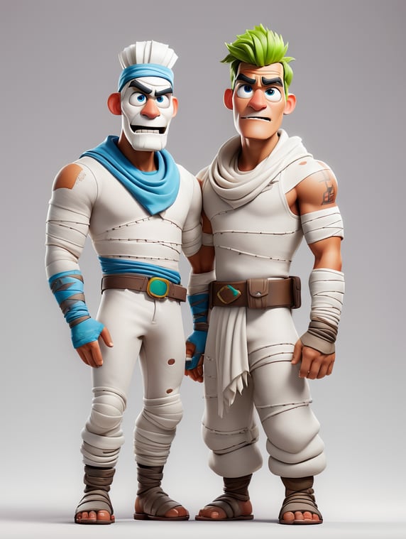 A photograph of mummy costume covered in bandages for a male character with fortnite style, halloween costume, white background, full body
