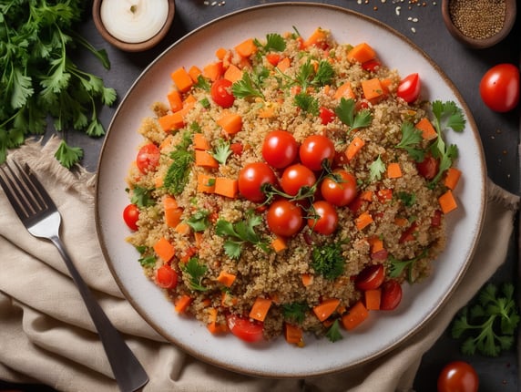top view of a plate with quinoa with cooked Vegetables (Carrots, Onions, Tomatoes), Garlic, Parsley and spices. 4k photography