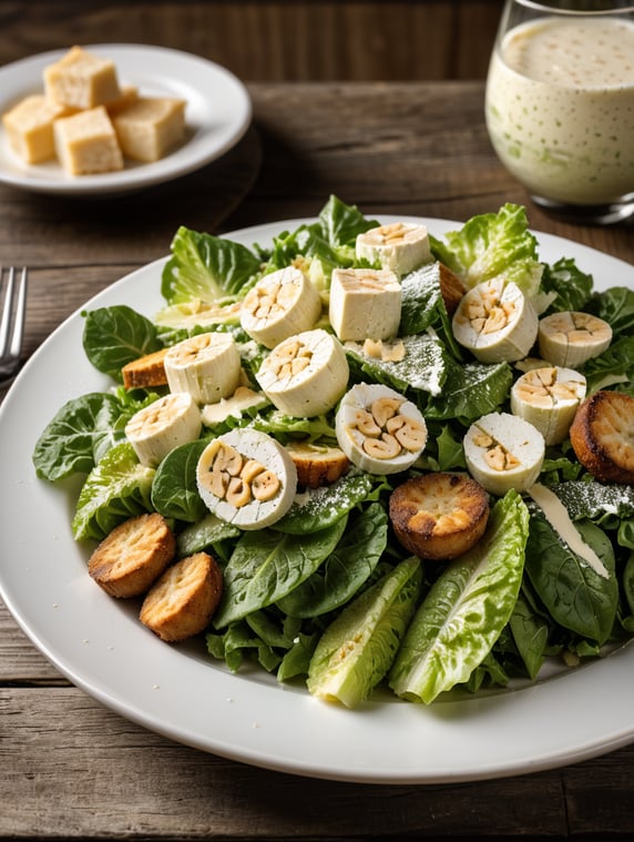 Caesar Salad, small plate on a wooden table, Description: A classic favorite featuring crisp romaine lettuce, croutons, Parmesan cheese, and a creamy Caesar dressing. Often served with grilled chicken or shrimp for added protein.