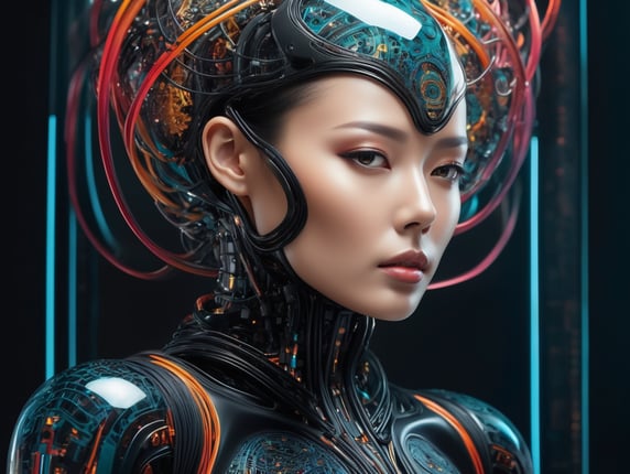 iseneld + abstract biomechanic humanoid dynamic pose portrait made of matte transparent rubber, Glowing colors, smooth carbon fibre skin, circuits and sinuous wires, liquid shapes + vibrant color palette, biomorphic, minimalism, surrealism, dither + art station, artificial intelligence destroying earth