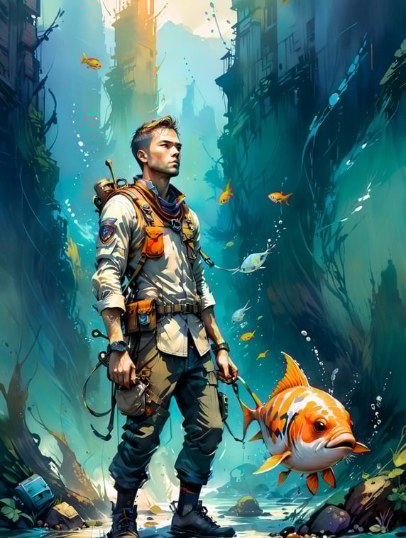 a man dressed in a sailor sailor walks while holding a fish on a leash , the man has long legs seen in low angle he looks at the objective conceptual style art, copy image reference