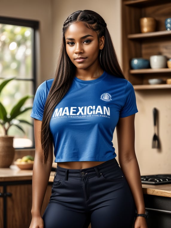 a beautiful black girl with straight, long, black and thick hair. she wears a braid and a beautiful blue t-shirt and black pants in a Mexican environment hyper realistic and detailed photo