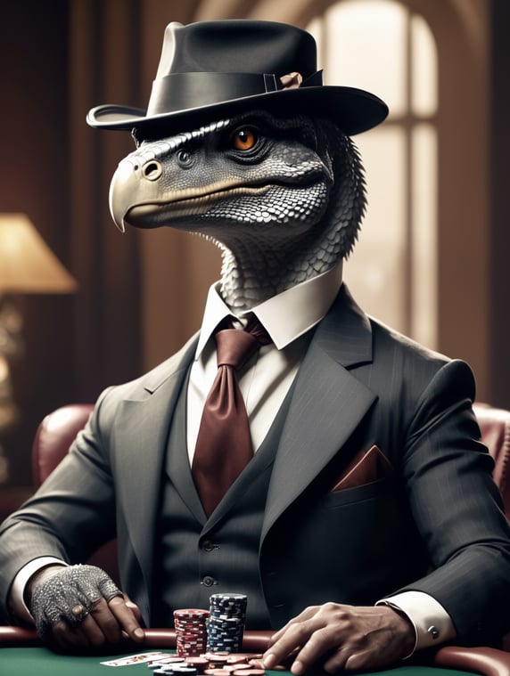 a Poker playing raptor, looking like a 1920 Gangster