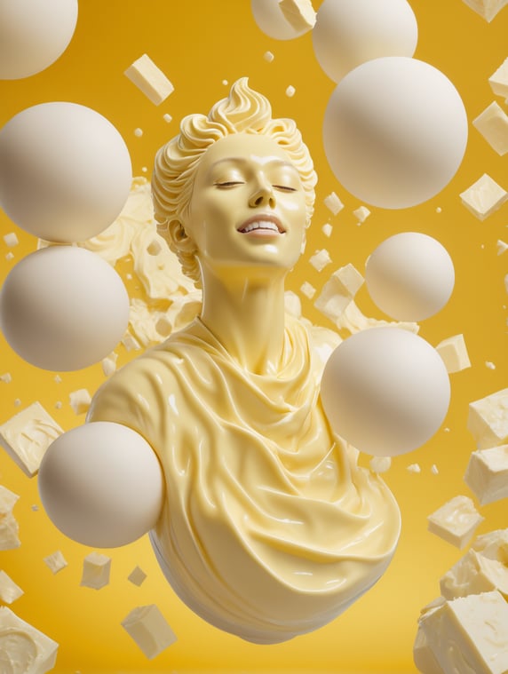 a a person made of butter object, floating in mid air, trippy, looks like a porcelain, structure, gloss, otherworldly, nature, photorealism, rave, butter colour background, light butter, butter, yellow