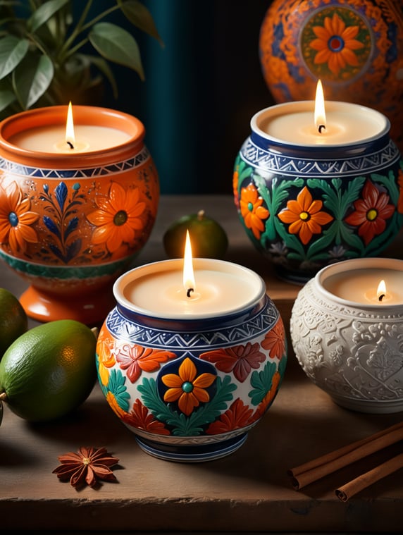 Create an image representing "Isabel's Arte Velas," a candle collection inspired by Mexican art and culture. Picture a candle displayed in a hand-painted vessel resembling Talavera pottery, adorned with intricate patterns in luxury white vessels. The vessel exudes the warmth of sunlit terracotta, capturing the essence of ancient tales and the vibrant hues of Mexican heritage. Visualize a candle emitting a soft, flickering glow, set against a backdrop evoking the richness of Mexican artistry. Surrounding the candle are motifs reminiscent of Huichol beadwork, weaving a tapestry of cultural fusion. Imagine a garden of scents, with rose-scented candles mingling with the aroma of celestial cinnamon, infusing the air with a captivating symphony of fragrance.