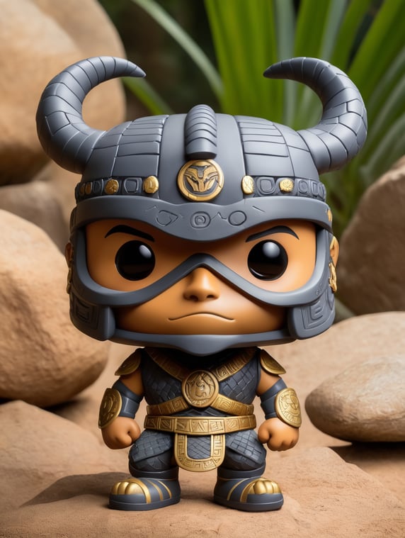 Funko style, warrior, artoy, CHAVIN DE HUANTAR PRE INCA, CHARACTER, LOGO, BRAND, SNAKE, stone, kawaii; Estilo Funko, guerrero, artoy, CHAVIN DE HUANTAR PRE INCA, PERSONAJE, LOGOTIPO, MARCA, SERPIENTE, piedra, kawaii