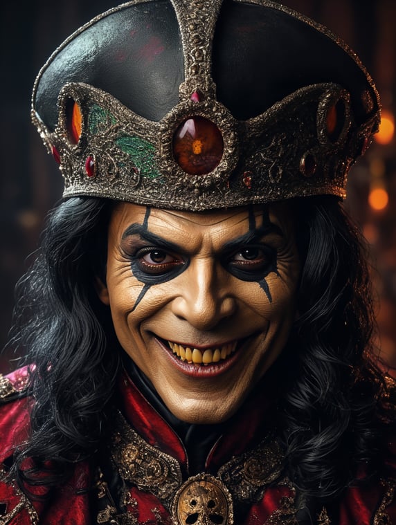 Old Michael Jackson as a creepy evil character wearing spooky Halloween costume, evil smile, creepy tiny nose, Vivid saturated colors, Contrast color
