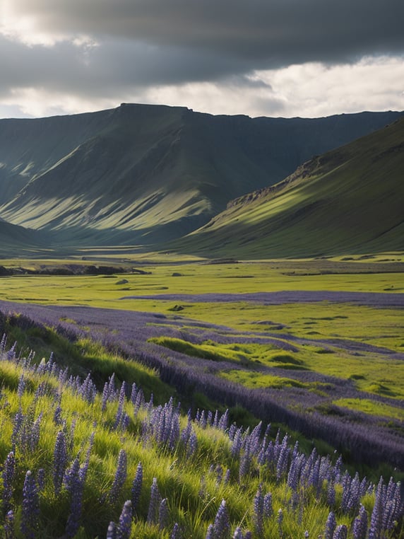 Rural iceland pastoral, purple lupins blooming, green grass, sunny day, horses in the distance, pastel colors, shades of green blue and purple