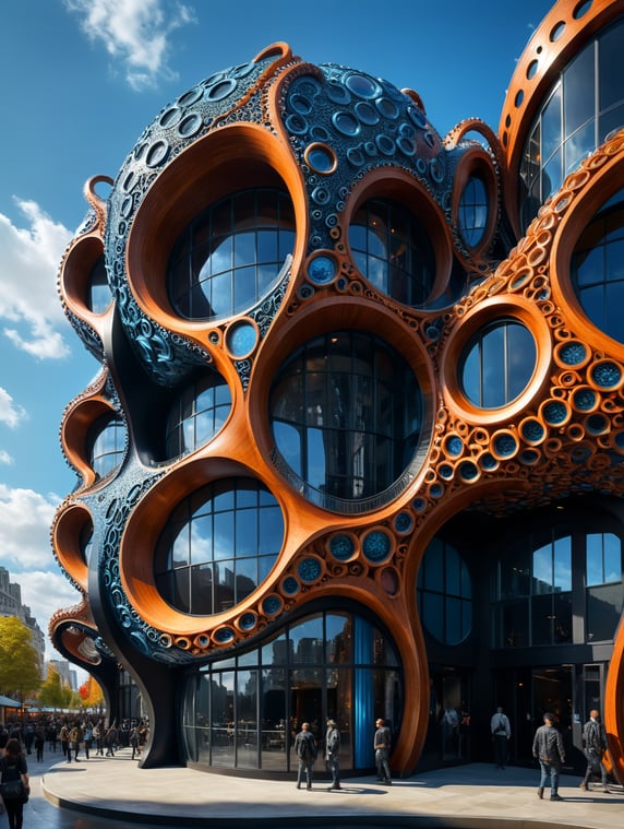 the craziest, bentwood, far view lens architectural modern style hyper realistic hyper detailed neocosmic exterior architecture design of a octopus Fluid complex facade, geometric shapes spectrum, black:2 blue:3, Antoine Blanchard architecture art style, in new York city, dramatic ambient, natural lighting