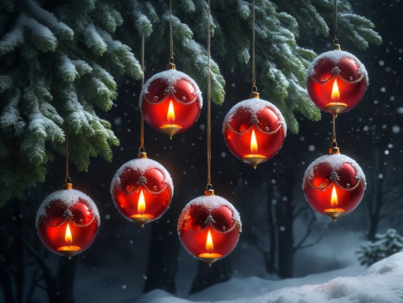 five christmas tree balls on long string, snow, candle