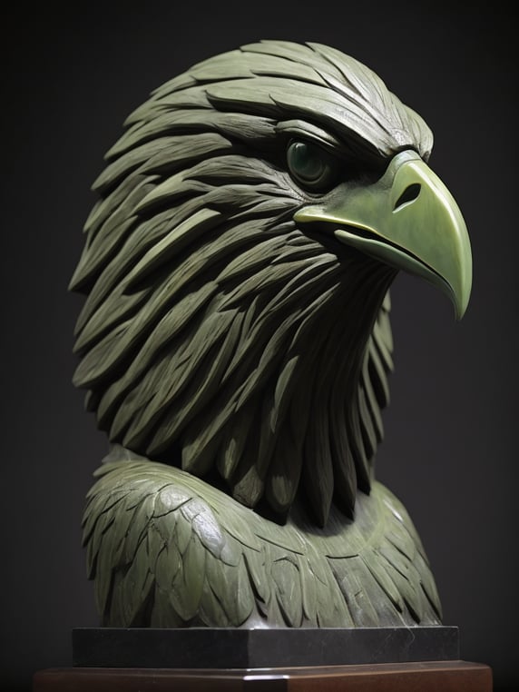 Aztec era, Xiuhtecuhtli marble sculpture, Aztec style noble eagle, cool jade and deep obsidian style, masterfully carved parts, black background, green marble, sharp highlights, contrasting light, deep colors