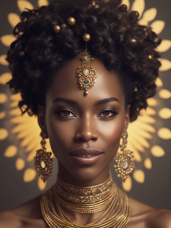 hyper-realistic, ultra-detailed photograph of a brown-skinned woman, smiling, golden jewelry, shiny, sunlight fractal details, depth of field, HOF, hall of fame, detailed gorgeous face, apocalyptic environment, natural body posture, professional photographer, captured with professional DSLR camera, trending on Artstation, 64k, ultra-detailed, ultra-accurate detailed, bokeh lighting, surrealism, Thomas Kinkade background, urban, ultra unreal engine, WLOP, Pauline Voß, Pascal Quidault, Christian Schob, Martina Fackova, intricate, epic, freckles, peach fuzz, detailed mascara