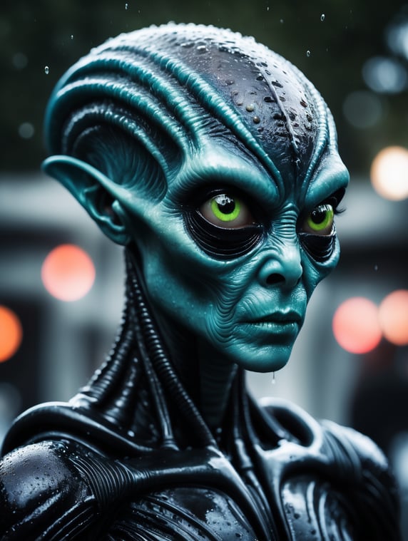 An alien dressed up like a human for halloween, raw character, 32k uhd, schlieren photography, conceptual portraiture, wet - on - wet blending