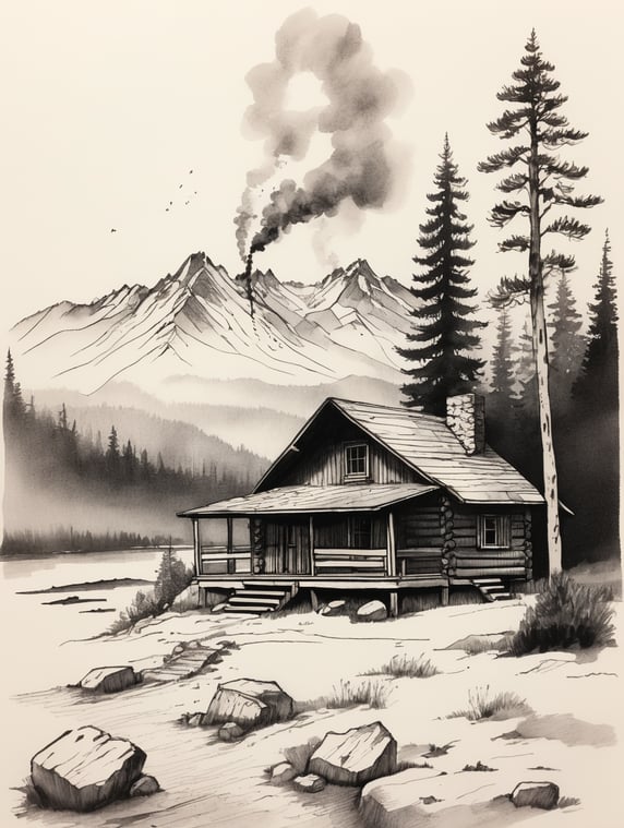 easy minimal pen and ink drawing of wooden cabin, smoke coming from chimney, trees to left, mountains to the back and to the right.