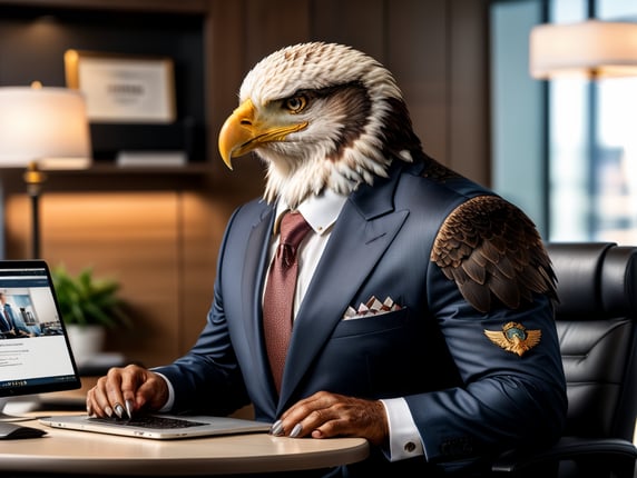 eagle in a business suit working at a laptop in the office