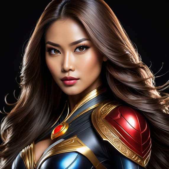 Superhero marvel style, beautiful woman, long hair, sexy body, Javanese ethnicity, superhero costume, standing still, studio light, black background, ultrarealistic, hyper detailed