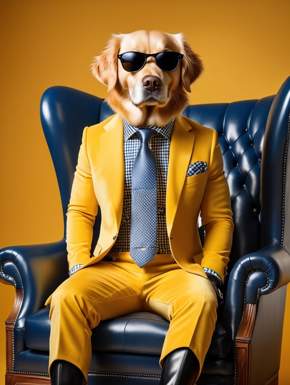 a sleek looking golden retriever, sitting on a tufted blue velvet chair with, bright yellow background, wearing an expensive 3 piece checkered suit, with very large dark sunglasses, hands in lap, full body with black shiny shoes, black leather gloves, black leather shoes, facing front, super crisp, photographic canon 80d, daylight, bold, fantastic