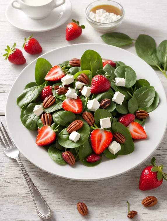 Spinach and Strawberry Salad, small plate on a wooden table, Description: A sweet and savory combination of fresh baby spinach, ripe strawberries, goat cheese, and candied pecans, often served with a balsamic vinaigrette.