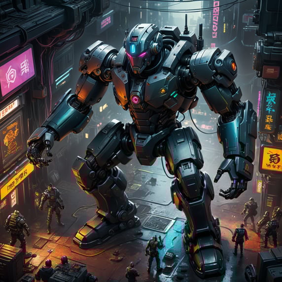 Isometric cyberpunk fighting robot, manga style,