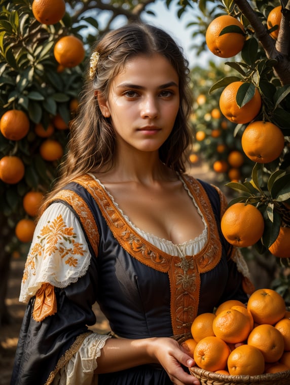 Portrait of a young, dark and beautiful Italian girl growing oranges from Sicily in 17th century Italian folk dress, dramatic lighting, depth of field, orange trees in the background. Oranges should have a beautiful, even structure. Incredibly high detail holding fresh oranges in hand