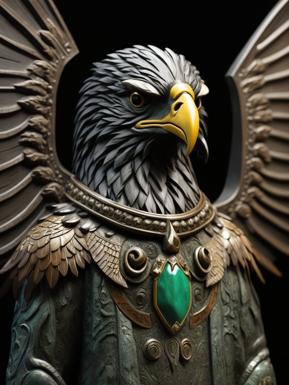 Aztec era, Xiuhtecuhtli marble sculpture, Aztec style noble eagle, cool jade and deep obsidian style, masterfully carved parts, black background, green marble, sharp highlights, contrasting light, deep colors