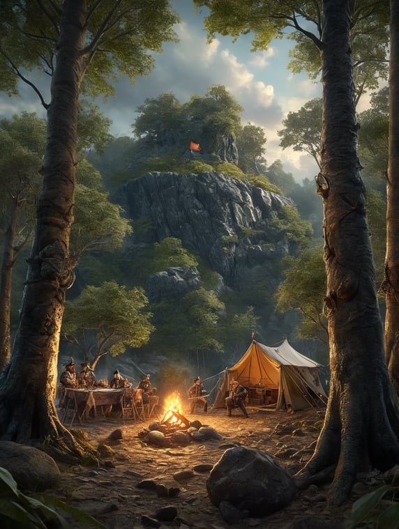 Adorable pirate camping in the woods in the distance through the trees is a wild rock concert
