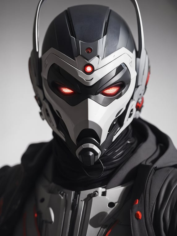 an android wear a mask that is white with red eyes, in the style of cyberpunk realism, concept art, mecha anime, matte photo, distinctive noses, realistic chiaroscuro, close-up