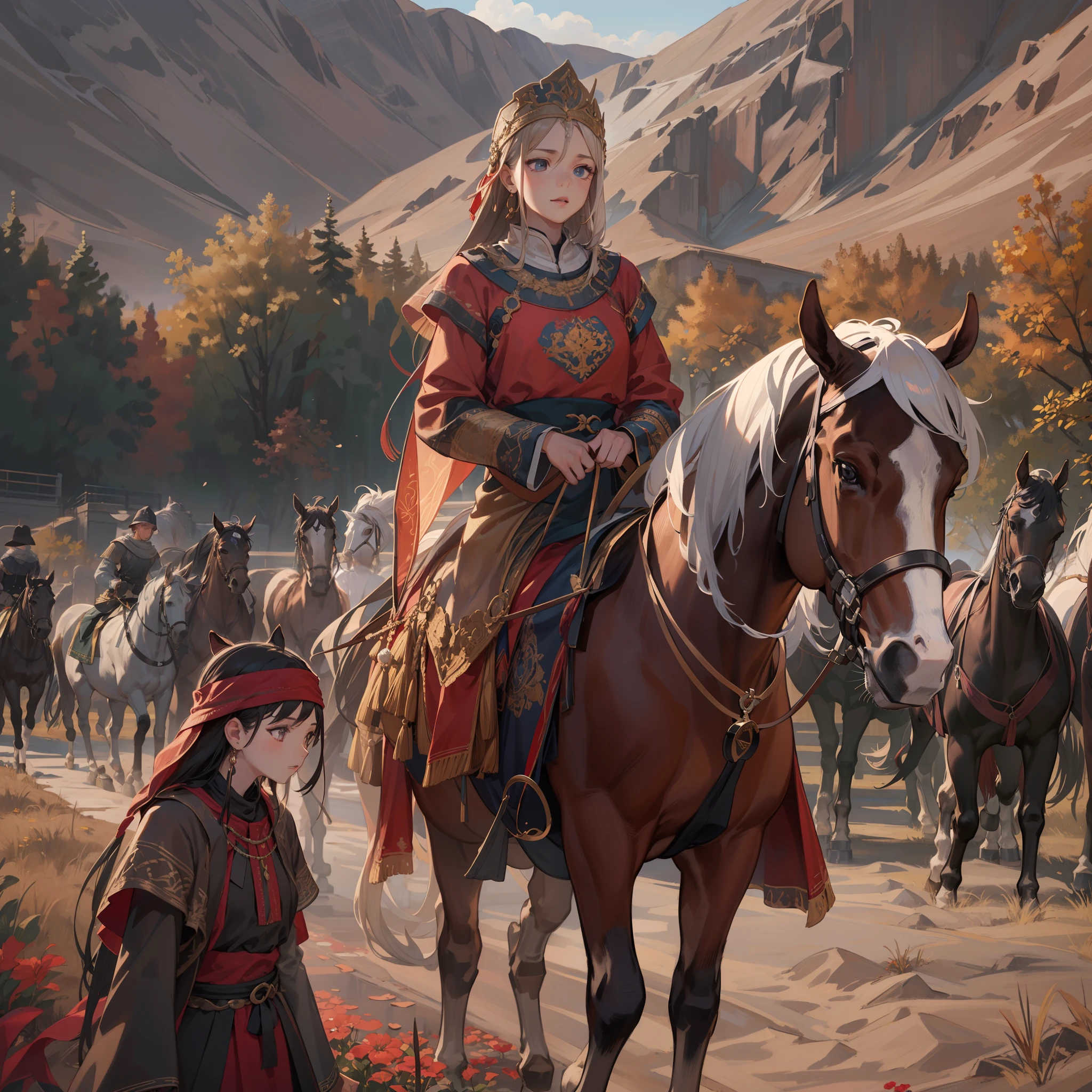 Stable Diffusion Prompt: Painting of a woman riding a horse with a man ...