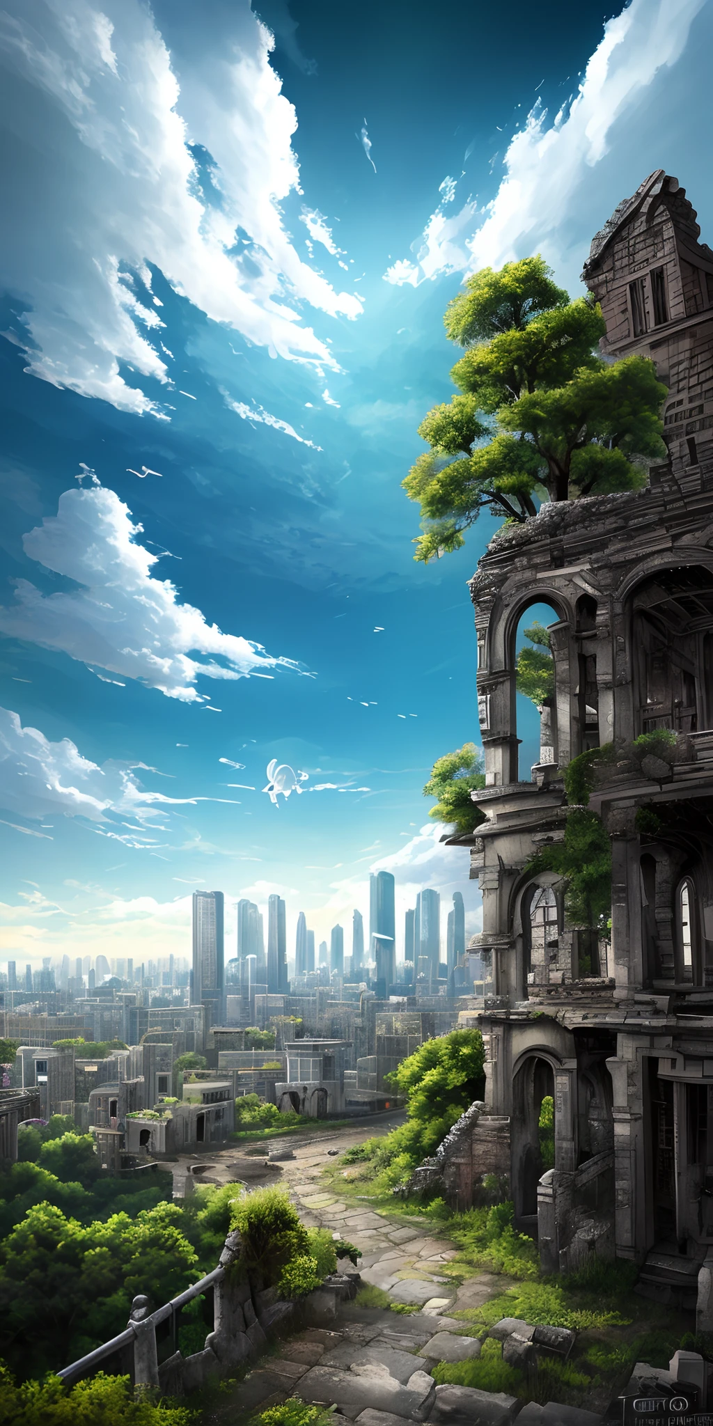 Stable Diffusion Prompt Tree grows out of ruined building, symbolizing