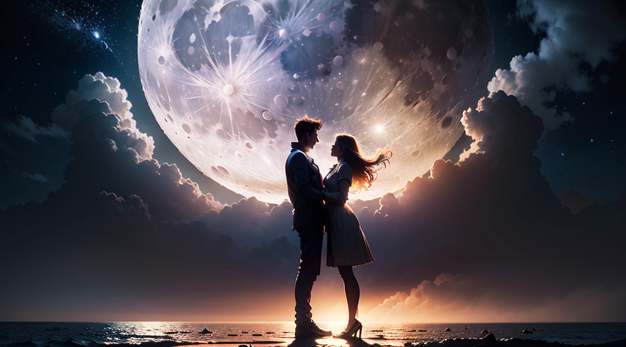 Stable Diffusion Prompt: Romantic couple gazing at the moon on a scenic ...