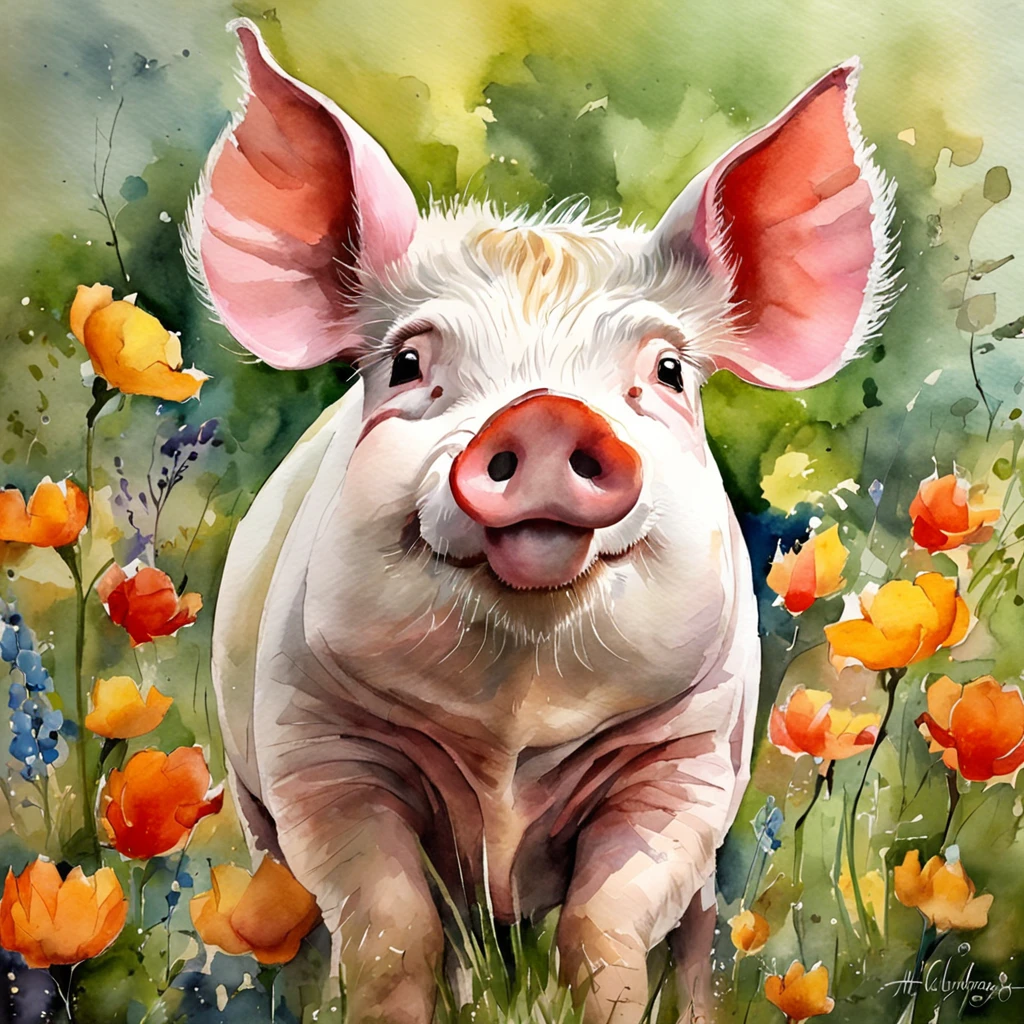 Stable Diffusion Prompt: Painting of a pig in a field of flowers with a ...