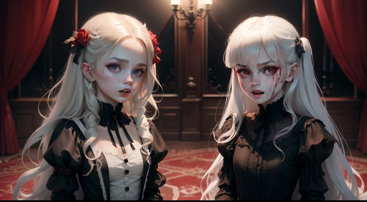 Stable Diffusion Prompt: Two women in gothic costumes standing in a room