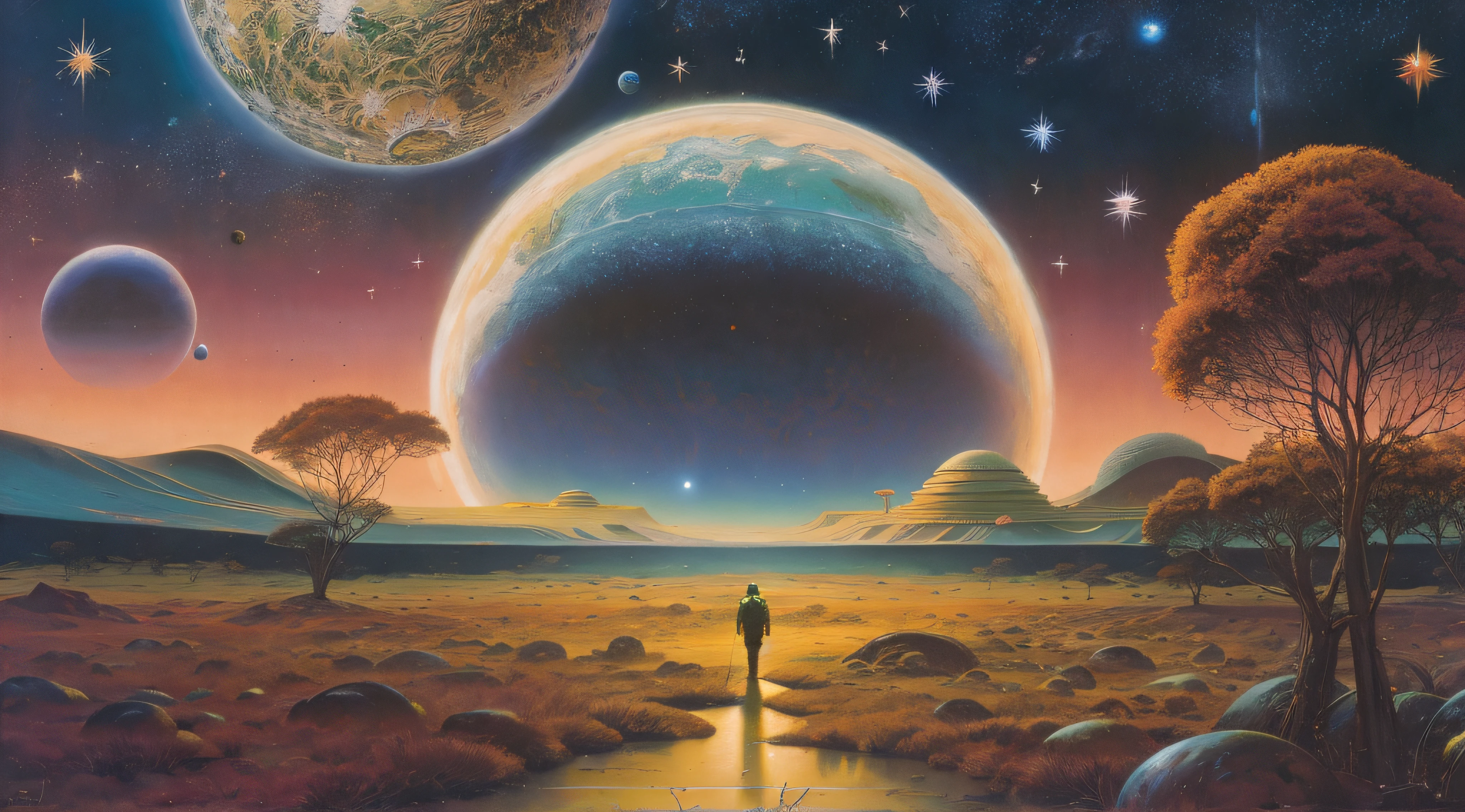 Stable Diffusion Prompt: Man in field gazes at planets; stunning ...