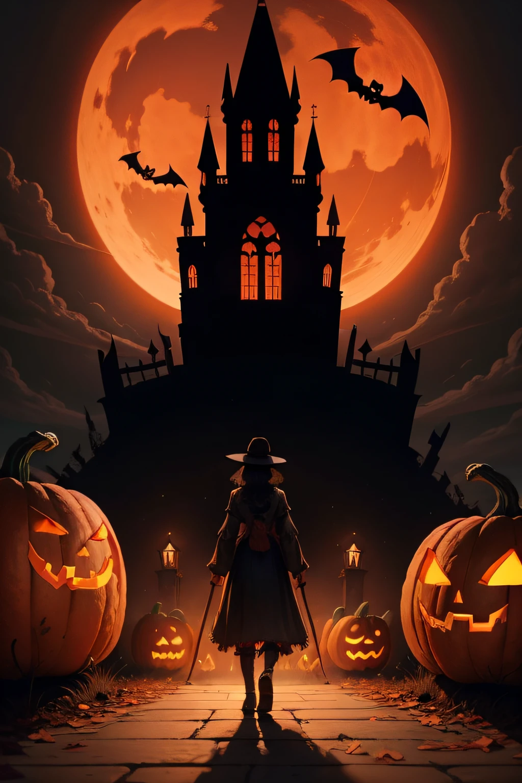 Stable Diffusion Prompt: Person in front of spooky castle with pumpkins ...