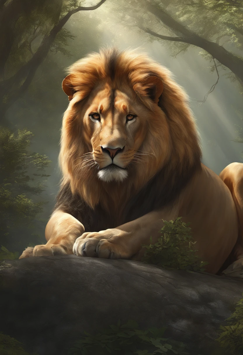 Stable Diffusion Prompt: Lion resting in jungle painting highlighting ...
