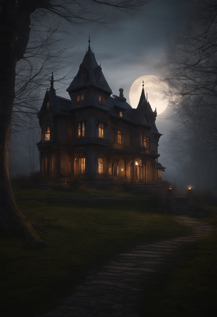 Stable Diffusion Prompt: A large house with a full moon in the background