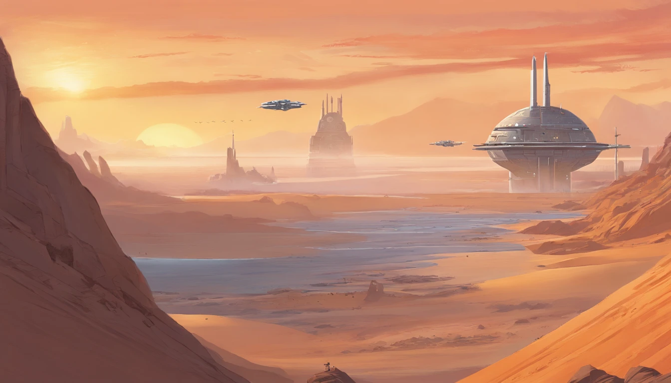 Stable Diffusion Prompt: Spaceships soaring over desert landscape at ...