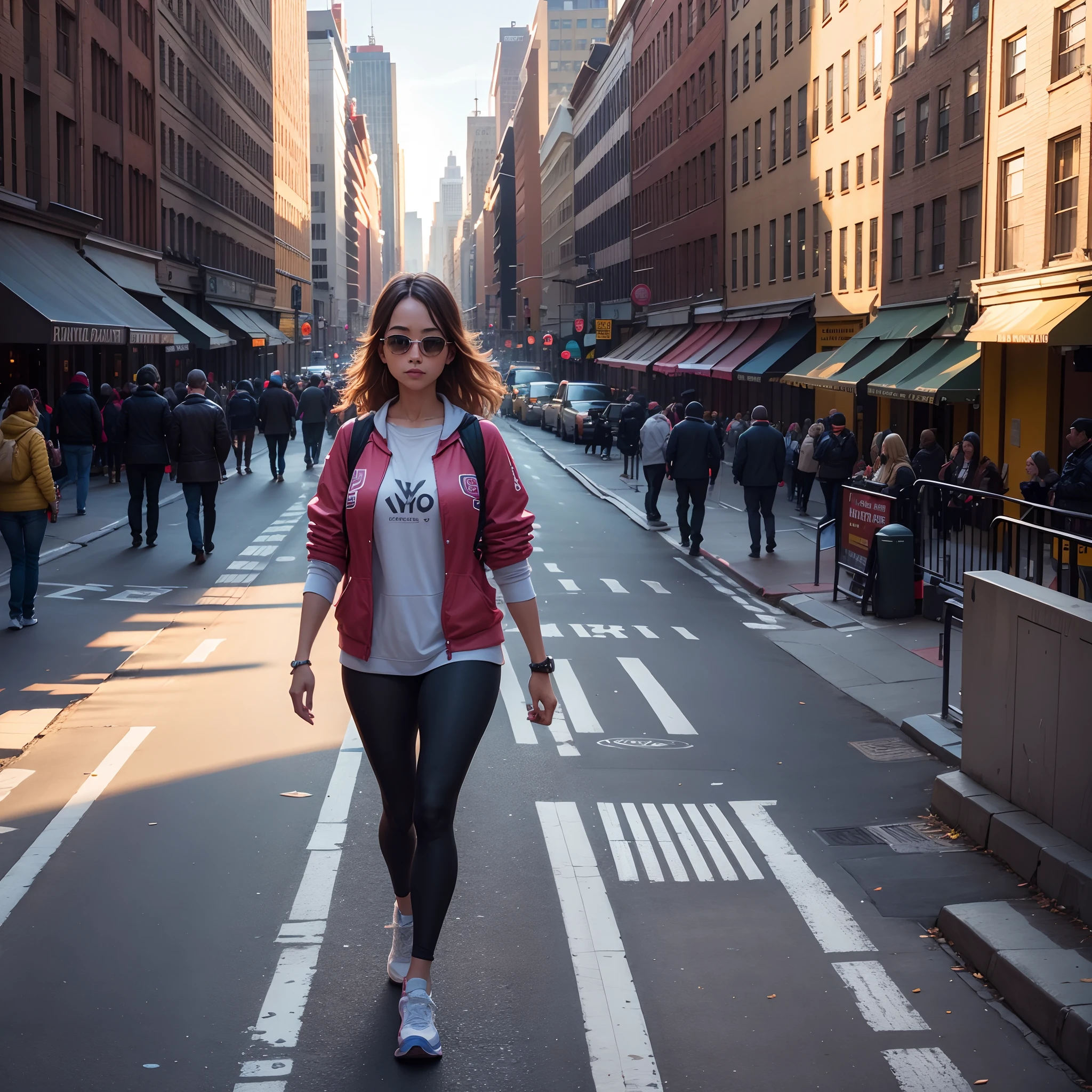 Stable Diffusion Prompt: Woman walking down a city street in a pink ...
