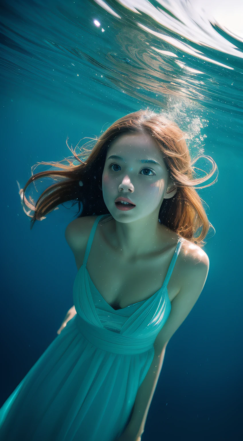 Stable Diffusion Prompt: A woman in a blue dress is underwater in the water