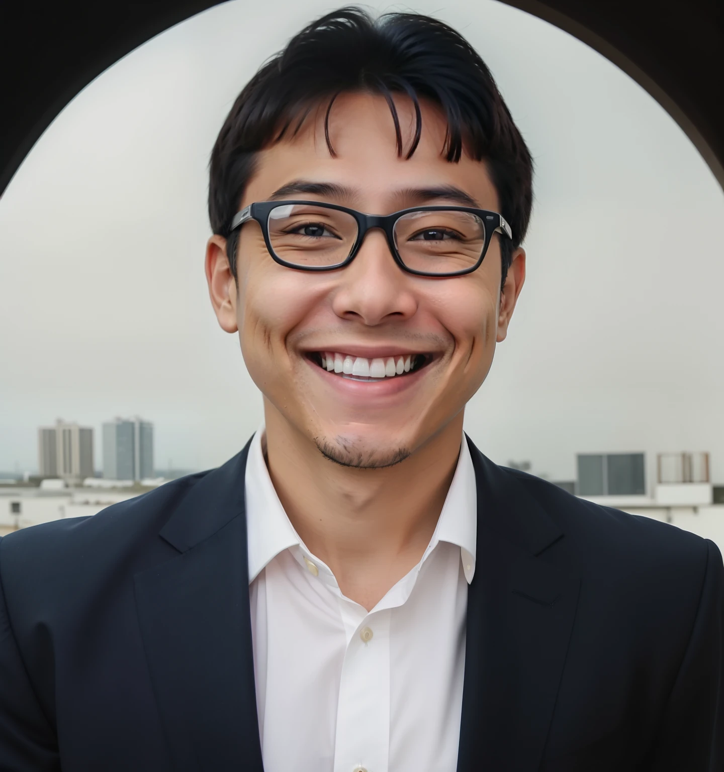 Stable Diffusion Prompt: Smiling man in black suit and glasses by window