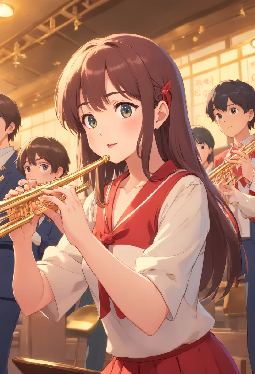 Stable Diffusion Prompt: A woman in a red dress plays a trumpet in ...