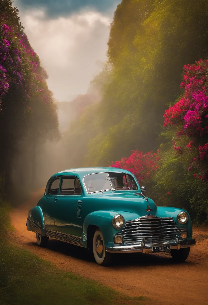 Stable Diffusion Prompt: Arafed captures a blue car driving on a dirt road